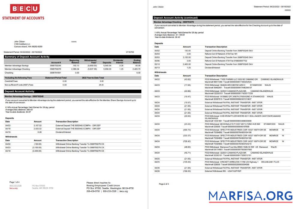 Printable USA BECU bank statement word 4 pages sample